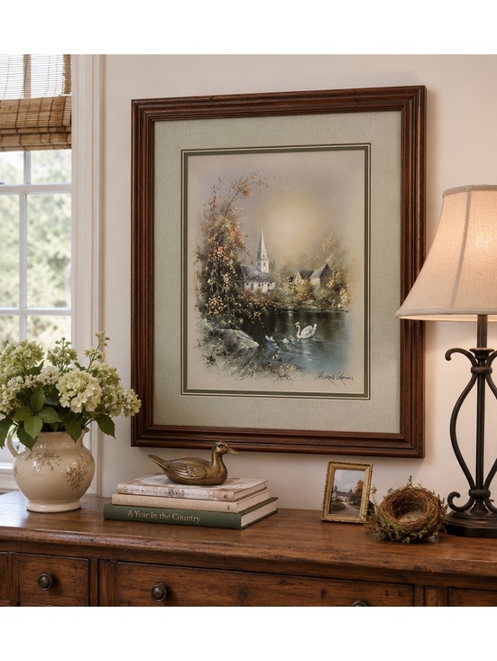 Other - Vintage Andres Orpinas Framed Village Swan Landscape Print 25x29 Wall Art